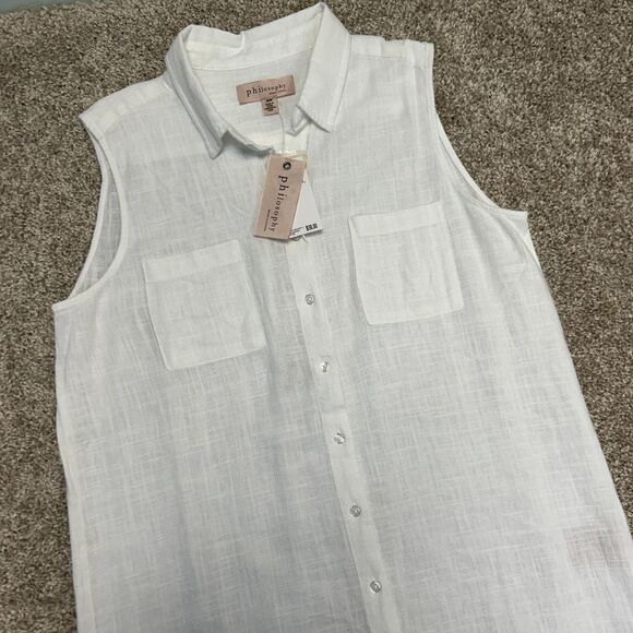 Philosophy Dresses & Skirts - Philosophy Linen Blend Sleeveless Shirt Collared Dress Women Size Medium White